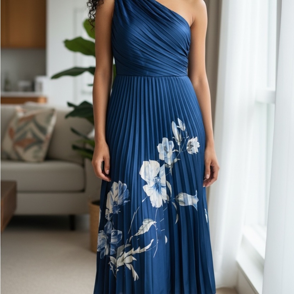 Abercrombie & Fitch Navy One-Shoulder Pleated Floral Maxi Dress
